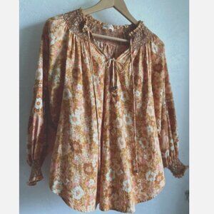 Spell and the Gypsy Collective Anne Blouse Med. Peach Floral Boho Organic Cotton